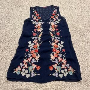 Johnny Was Cattleya Sleeveless Embroidered Tunic Top Sz XS Blue Boho Floral
